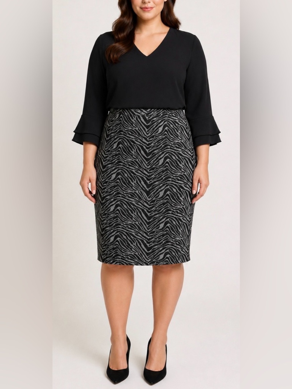 ALFANI Black and Gray Zebra-Print Pencil Skirt Size 16 NWT